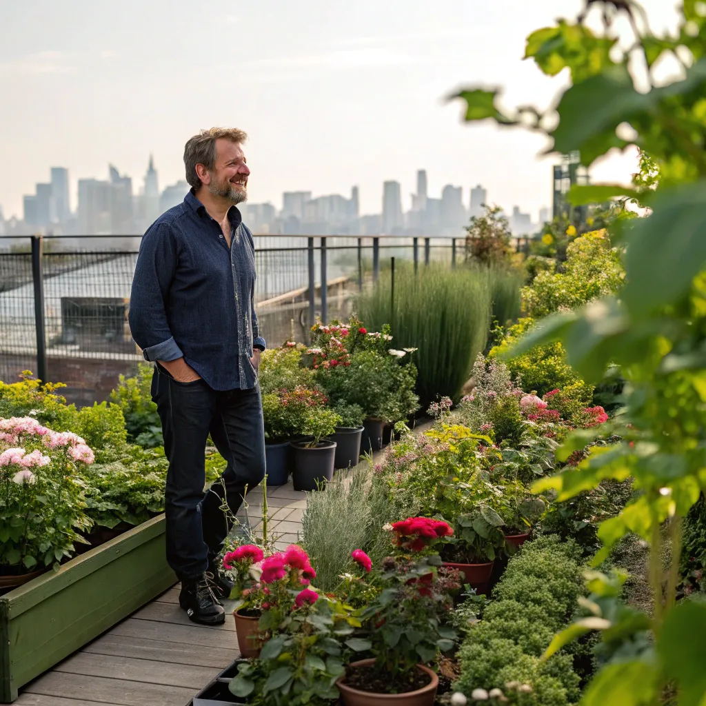 Daniel Morgan proudly showcasing his terrace garden