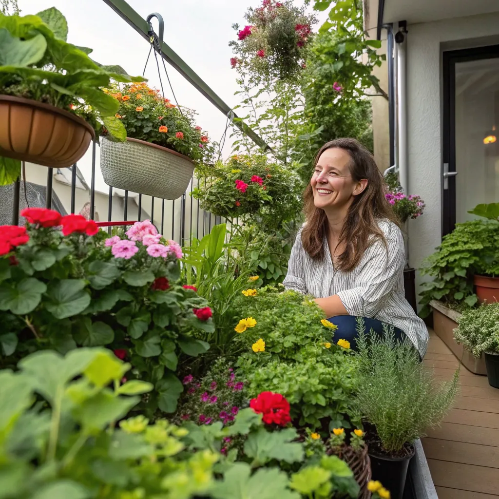 Emily Turner in her flourishing balcony garden