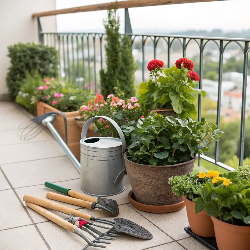 Gardening tools and plants on a balcony