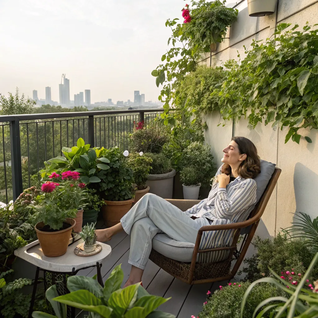 Olivia Hayes enjoying her peaceful balcony garden